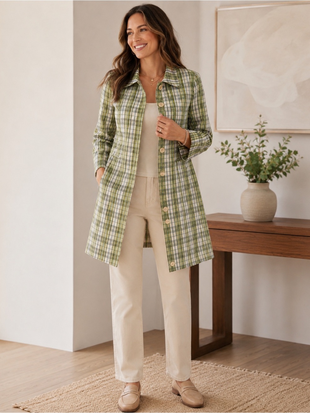 Caslon Plaid Topper Coat Green Teal Cream Petite Small Tailored Chic